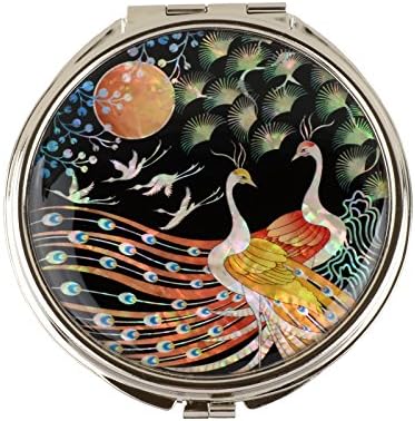 Round Compact Magnifying Make up Double sided Mirror Mother Of Pearl Art Peacock