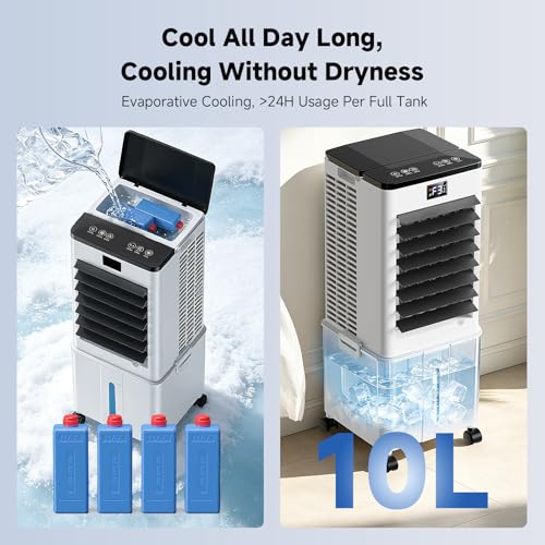 Portable Air Conditioner,4-in-1 AC Unit with 3 Speeds, 12H Timer, 60° Oscillation, 35dB Quiet, Remote Control, 10L Water Tank & 4 Ice Packs,60W Evaporative Air Cooler for Home & Office Bedroom（Black）