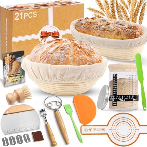HELISAN 21-Piece Sourdough Starter Set with 2 Proofing Baskets (23 cm Round & 25 cm Ovals), 900 ml Glass Jar for Sourdough Fermentation, Complete Bread Baking Accessories for Beginners and Experienced Bakers