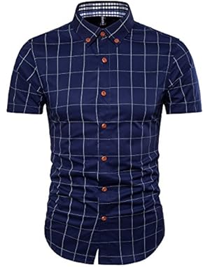 Men's Cotton Short Sleeve Slim Fit Button Down Plaid Dress Shirt W2311