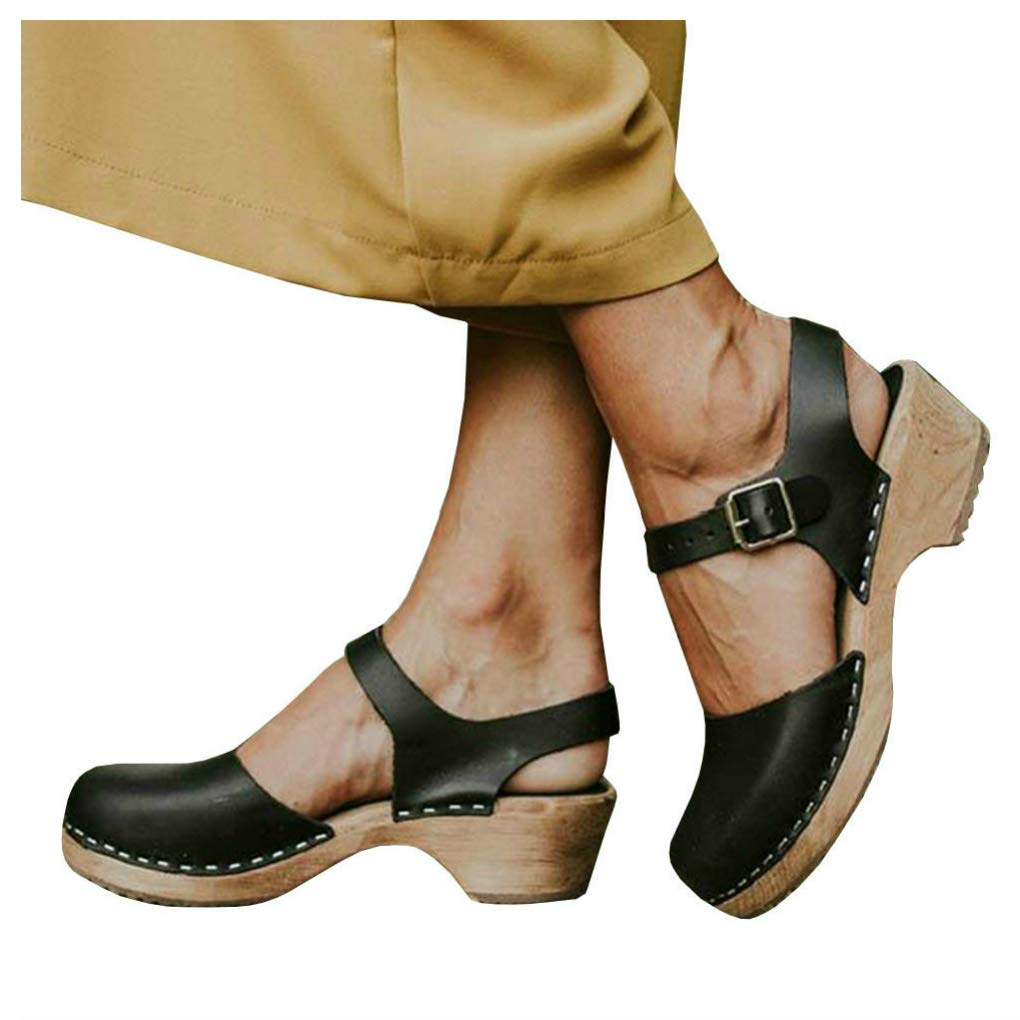 LAICIGO Women’s Wood Clog Heeled Sandals Chunky Closed Toe Ankle Strap Buckle Slingback Studded Booties - Image 3