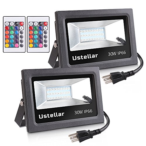 Ustellar 2 Pack 30W RGB LED Flood Lights, Outdoor Color Changing Floodlight With Remote Control, IP66 Waterproof 16 Colors 4 Modes Dimmable Wall Washer Light, Stage Lighting with US 3-Plug