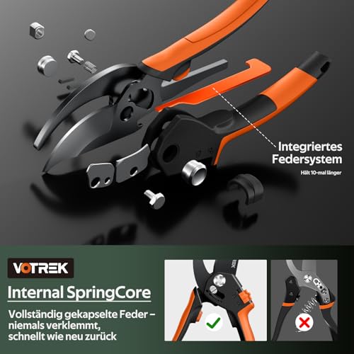 VOTREK 8.5 inch bypass secateurs with continuous handle opening, professional rose shears & pruning shears with SK5 steel and internal spring for effortless cutting - ideal for weak hand strength. Bracelet: Gift