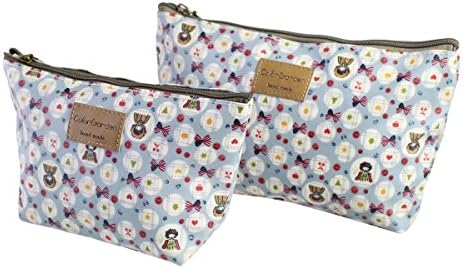 Sky Blue Canvas Ribbons and Girls Print Design Cosmetic Toiletry Beauty Accessories Pouch, Set of 2