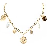 Gold Charm Necklace for Women White Pearl Choker Necklace Head Portrait Square Pendant Necklace Chunky Charm Necklace Jewelry for Summer Beach Party Jewelry