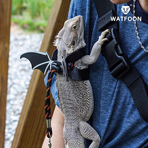 WATFOON Adjustable Bearded Dragon Lizard Comfort Leather Leash Harness with Cool Wings for Reptiles Amphibians Leopard Gecko Anole and Other Small Pet Animals (L, Orange)
