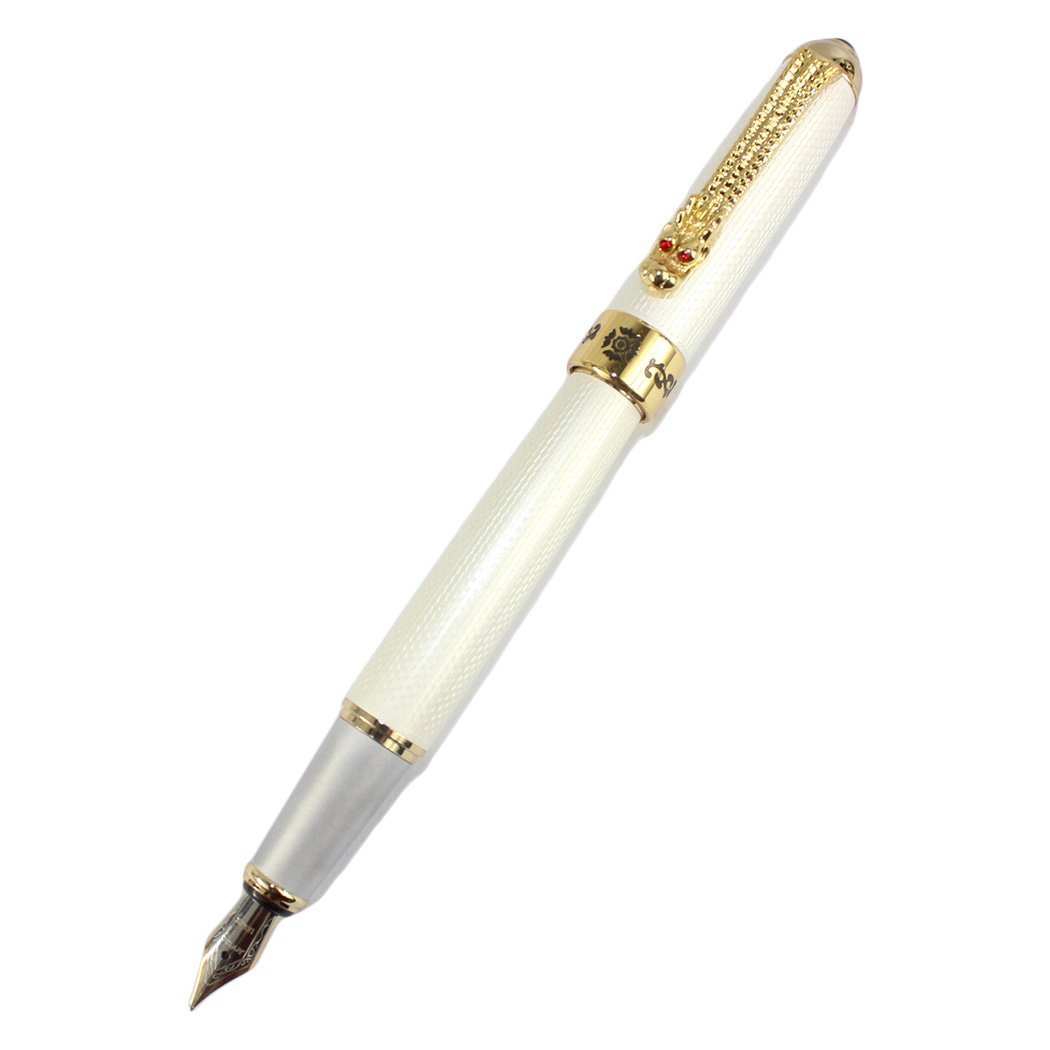 Mother of Pearl White Fountain Pen Golden Dragon Ruby Eye Noblest with Push in Style Ink Converter