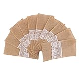 DECORA 4 X8 Inch Hessian Burlap Lace Jute Cutlery Pocket Knifes Forks Bag Burlap Silverware Holders for Wedding Table Decoration 50PCS