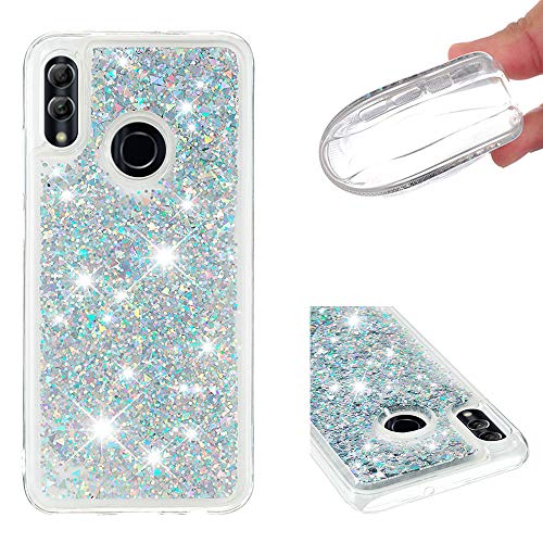 Huawei P Smart Case,Huawei P Smart Soft TPU Back Cover,OPDENK Anti-Scratch Glittering Liquid Quicksand Waterfall Flowing Non-Slip Case Cover for Huawei Honor 10 Lite/P Smart (2019),Silver