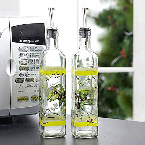 Olive Oil Bottle Set Glass Dispenser Vinegar Cruet 17oz. with Stainless Steel Leak Proof Pourer Spout for Cooking or Salad Dressing by CEDAR HOME, 2 Pack, Green
