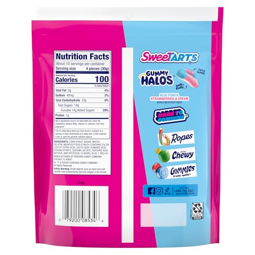 SWEETARTS HALOS, CANDY, BLUE PUNCH AND STRAWBERRIES AND CREAM, TART AND CHEWY, SOFT AND FLUFFY, 11 OZ