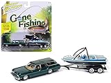 Johnny Lightning JLBT004B-1973CHEVROLET-GREEN 1973 Chevrolet Caprice Station Wagon Dark Green Poly with Malibu Boat Gone Fishing1/64 Diecast Model Car