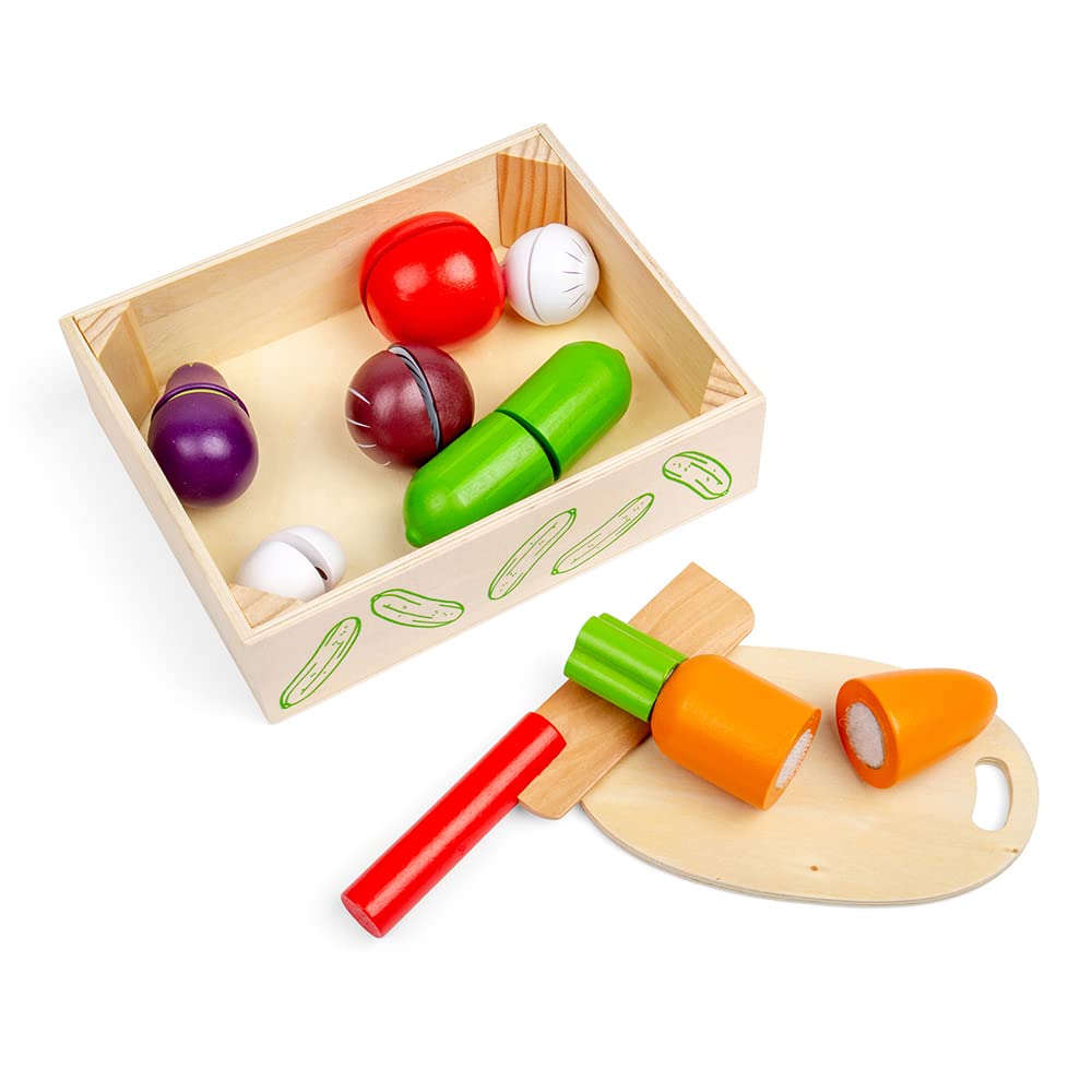 Bigjigs Toys Crate of Wooden Cutting Vegetables with Chopping Board and Knife - Play Food Toys