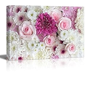 Canvas Prints Wall Art - Pink and White Roses and Daisies | Modern Wall Decor/Home Art Stretched Gallery Wraps Giclee Print & Wood Framed. Ready to Hang - 12" x 18"