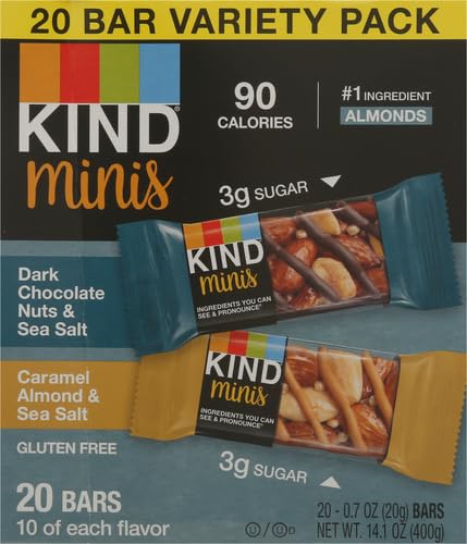 KIND MINIS SNACK BARS, DARK CHOCOLATE NUTS & SEA SALT AND CARAMEL ALMOND & SEA SALT, 3G SUGAR, GLUTEN FREE BARS, VARIETY PACK, 0.7 OZ, (20 COUNT)