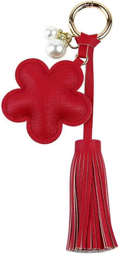 MOONRING Flower Tassel Keychain PU Leather Keyring Handbag Pendant Charm Ornaments for Women,Red