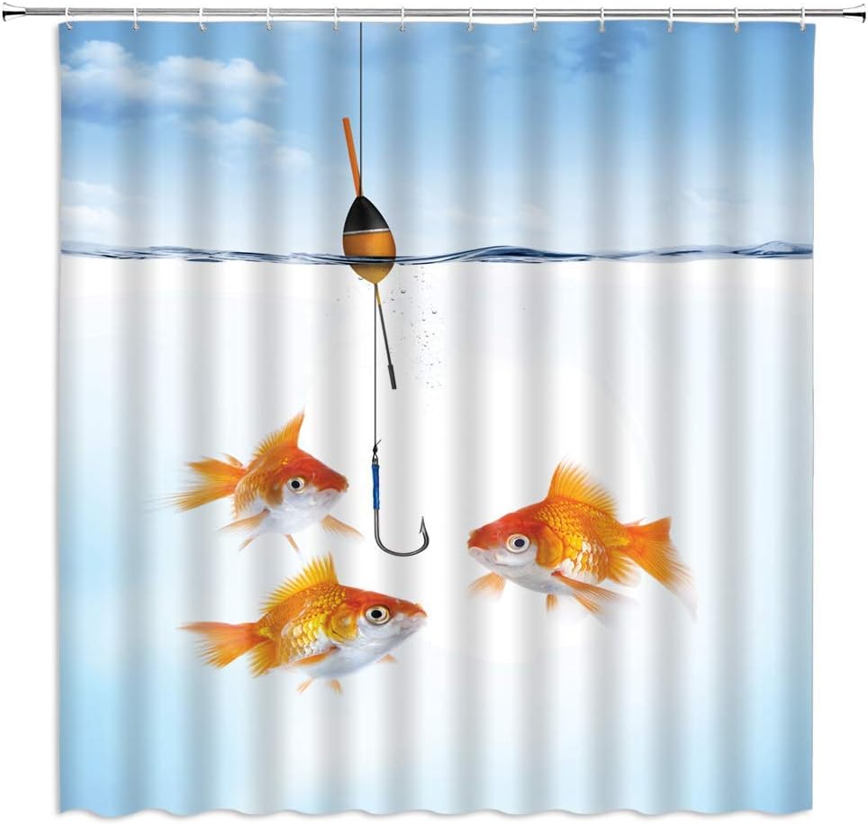 HLSCYZ Fish Shower Curtain Fishing Goldfish Creative Minimalist Water Blue White Sky