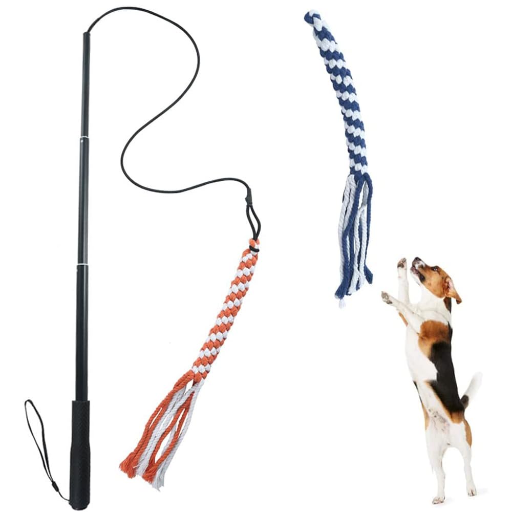 ASOCEA Flirt Pole for Dogs，Extendable Teaser Wand Pet Flirt Stick Outdoor Interactive Toy with 2 Chasing Tail Chewing Cotton Rope for Small Medium Large Dogs Training Pulling