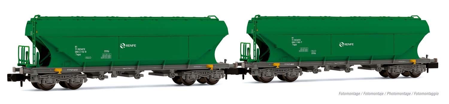 ARNOLD HN6506 RENFE, 2-Unit Pack 4-Axle Flat-Sided Hopper Wagon Light Green Livery, Period V Rolling Stock