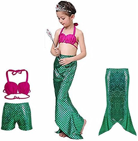 Hot Little Girls 3 Pcs Princess Mermaid Tail Swimmable Bikini Set Swimwear (100, Green)