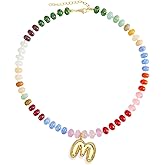 Hoifu Elegant Boho Colorful Beaded Necklace with Gold Bubble Letter A-Z Pendant,Handmade Trendy Summer Beach Initial Necklace Chain,14K Gold-Plated Natural Stone Choker, Perfect Festival Jewelry Gift for Women