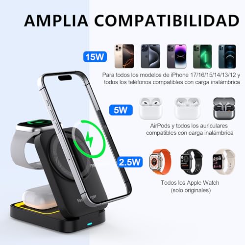 Cargador Inalámbrico,3 en 1 Estación de Carga para iPhone 17 16 15 14 13 12 Pro Max Apple Watch y AirPods,15W Cargador Rápido para iPhone,Luz,33W Adaptador,Regalos para Hombre Mujer (Negro-1)