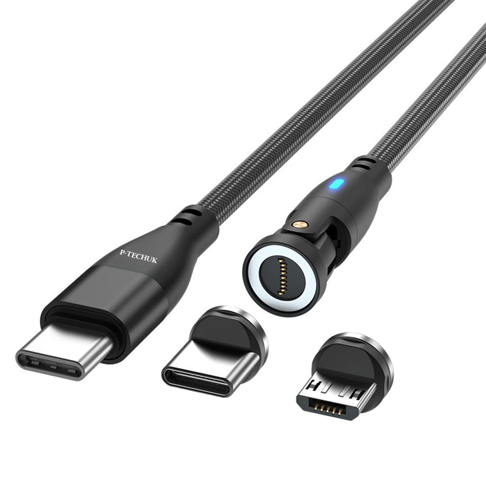 P-TECHUK 60W Rotating Super Fast USB C Magnetic Data Cable, PD Fast Charging Cable compatible with all devices. A18 Black (1M Cable + 3 x Tips)