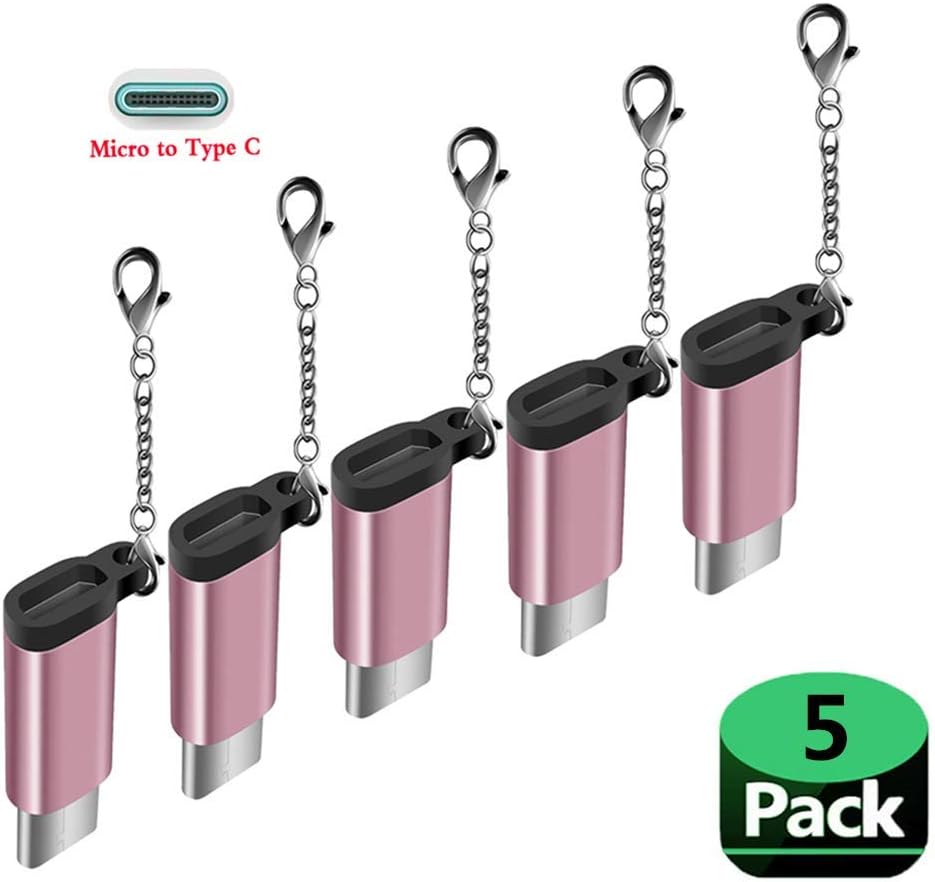5Pack-Micro USB to USB C Adapter, AOSOK USB Type C Adapter Convert Connector Free Keychain Fast Charging for Samsung Galaxy S10 S9 S8 Plus Note 9 8 LG V40 V30 V20 G6 G5 Moto Z3 Z2 Pixel 3 XL (Pink)