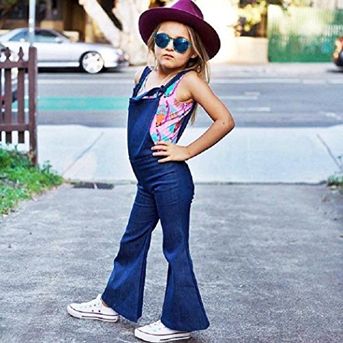 Minisoya Fashion Toddler Kids Baby Girl Backless Denim Jumpsuit Suspenders Overall Romper Bell-Bottom Flare Trousers (Blue, 5T)