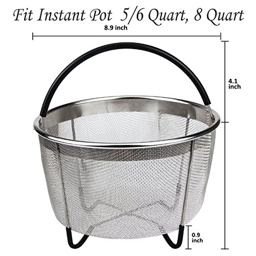 Instant Pot Steamer Basket 6 Quart 8 Quart + Free Cooker Times and Diswashing Sponge,304 Stainless Steel Steamer Insert with Silicone Covered Handle, Great for Steaming Vegetables Fruits Eggs