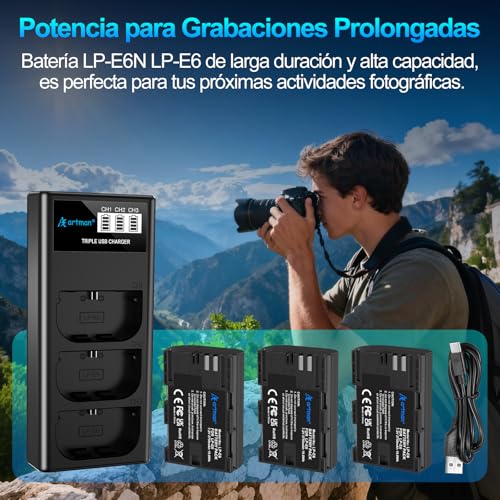 Artman LP-E6N LP-E6 Batería 3-Pack 2750mAh y Cargador LCD de 3 Ranuras para Canon EOS R R5 R6 R7 R5 C, R6 Mark II, EOS 5D Mark II III IV, 5D SR, 6D Mark II 7D Mark II, 6D 7D 90D 80D 70D 60D, XC10 XC15