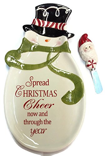 13 Inch Ceramic Snowman Plate with Santa Cheese Spreader