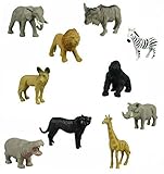 12 Small Safari Animals Jackal Giraffe Elephant Antelope Gnu Zebra Panther Warthog Lion Gorilla Hippopotamus Rhinoceros Wildlife Zoo Set of Wild African Figure Plastic Playset Toys