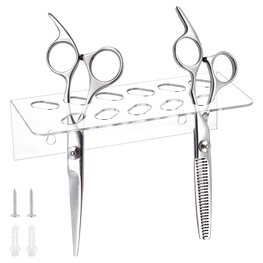 Photo 1 of AHANDMAKER 2Pcs Clear Acrylic Wall Mounted Scissors Holder Rack Salon Shear Holder for Stylist Hairdressing Combs Organizer Scissor Tool Hangers Wall Mounted Comb Rack for Barber Shop Office Home