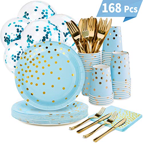 Blue and Gold Party Supplies Set - 168PCS Blue Paper Plates Disposable Dinnerware Set Dots 7" & 9" Paper Plates Napkins Cups Forks Knives Balloons Serve 24 Birthday Party Wedding Baby Shower