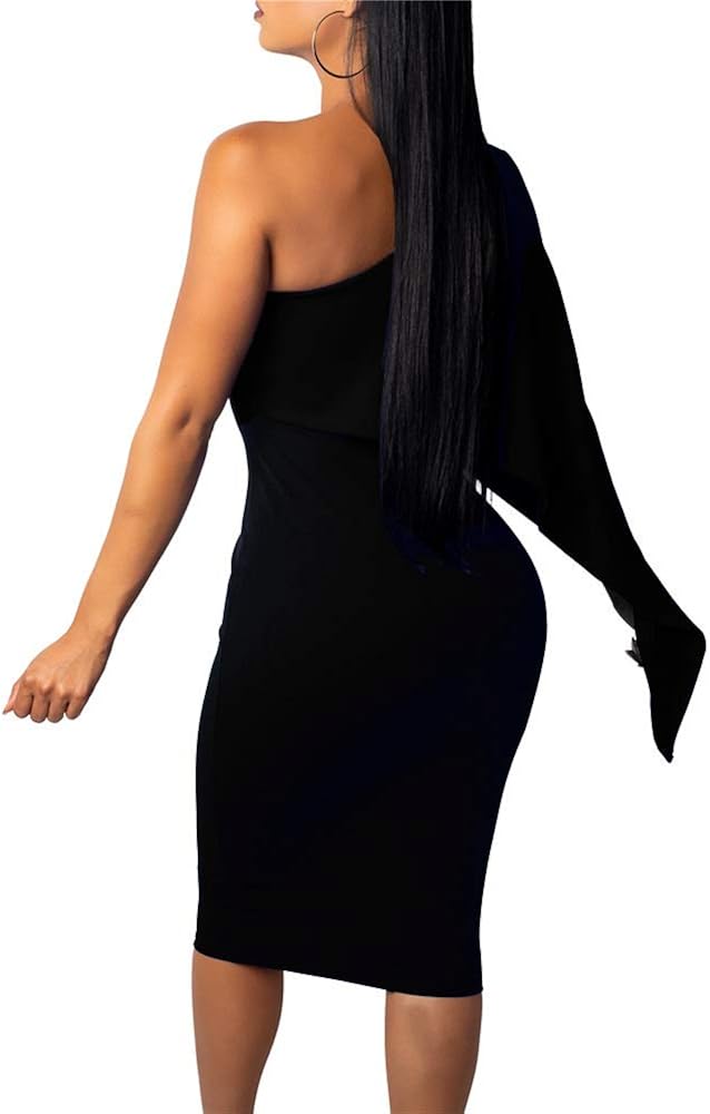 GOBLES Women's Summer Sexy One Shoulder Ruffle Bodycon Midi Cocktail Dress: Clothing