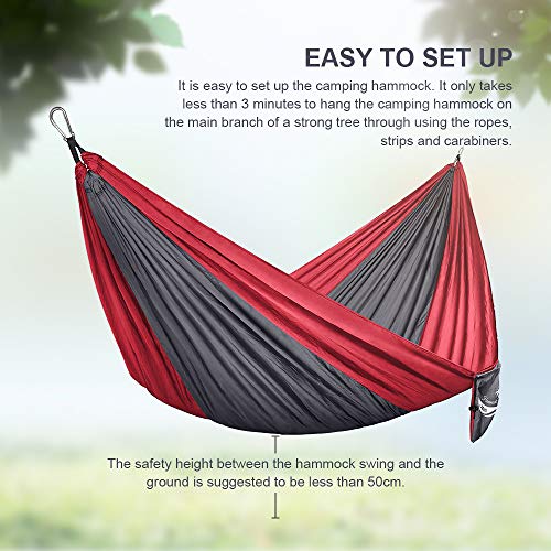 JBM Hammock Single Double Camping Lightweight Portable Parachute Hammock Outdoor Hiking Travel Backpacking - Nylon Hammock Swing - Support 400lbs with Nylon Ropes and Steel Carabiners (Gray & Red) - Thumbnail 3