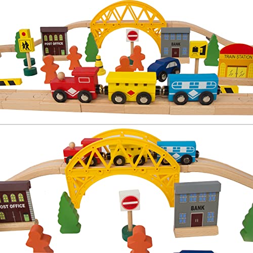 60Pcs Train Set for 3 Year Old Boys, DoubleSide Wooden Train Set