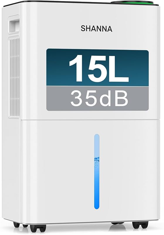 Luftentfeuchter elektrisch 15L/24h, Entfeuchter elektrisch 35dB, Raumentfeuchter für Räume ca. 35m², mit Ablaufschlauch, Timer, für Wohnmobil, Badezimmer, Keller, Kältemittel R290, 10 J. Gar.