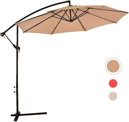 Amazon Com Dkeli 10 Ft Patio Umbrellas Cantilever Offset Hanging Umbrella With Cross Base And Crank Outdoor Table Market Umbrella For Garden Backyard Poolside Deck Patio 8 Sturdy Ribs Tan Garden Outdoor