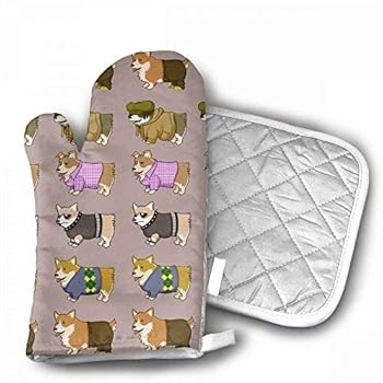 NoveltyGloves Unisex Pembroke Welsh Corgi Oven Mitts,Professional Heat Resistant Microwave BBQ Oven Insulation Thickening Cotton Gloves Baking Pot Mitts Soft Inner Lining Kitchen Cooking