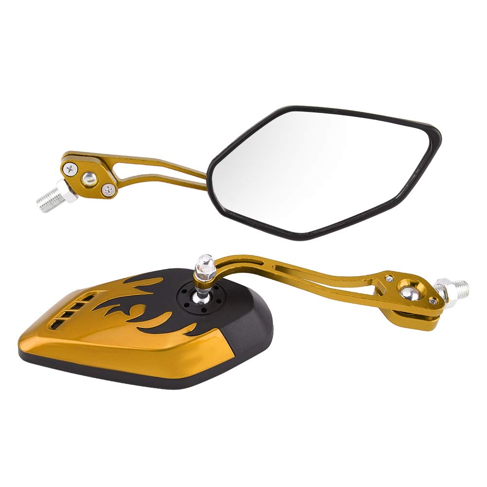 Fydun Motorcycle Rear Mirror, 2Pcs Motorcycle Rearview Mirrors With 8mm 10mm Screws Universal Aluminum Cafe Racer Flame Pattern Side Rear View Mirrors(Yellow)