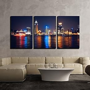 3 Piece Canvas Wall Art - Night View of Bu Building Skyscraper - Modern Home Art Stretched and Framed Ready to Hang - 16"x24"x3 Panels