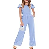 Haloumoning Girls Jumpsuit Kids Fashion Ruffle Cap Sleeve Wide Leg Rompers One Piece Outfits with Pockets