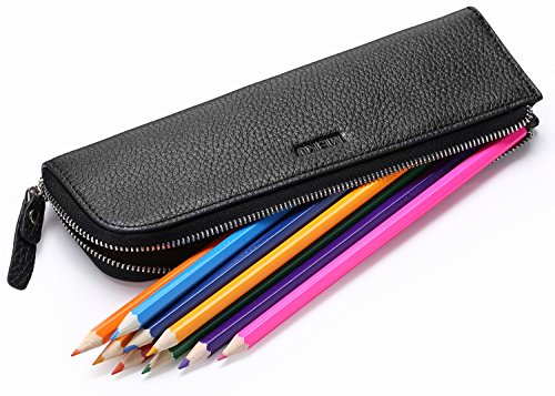 MEKU Pencil Case Genuine Leather Pen Case Stationery Bag Zipper Pouch Pencil Holder with 2 Slots Black