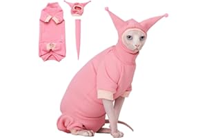 SNIXfever Sphynx Cat Clothes Waffle Pattern Suit, Cute Pet Hat and Shirt Set, Hairless Cat Devon Cornish Pink and Black Suit, (Small, Pink)