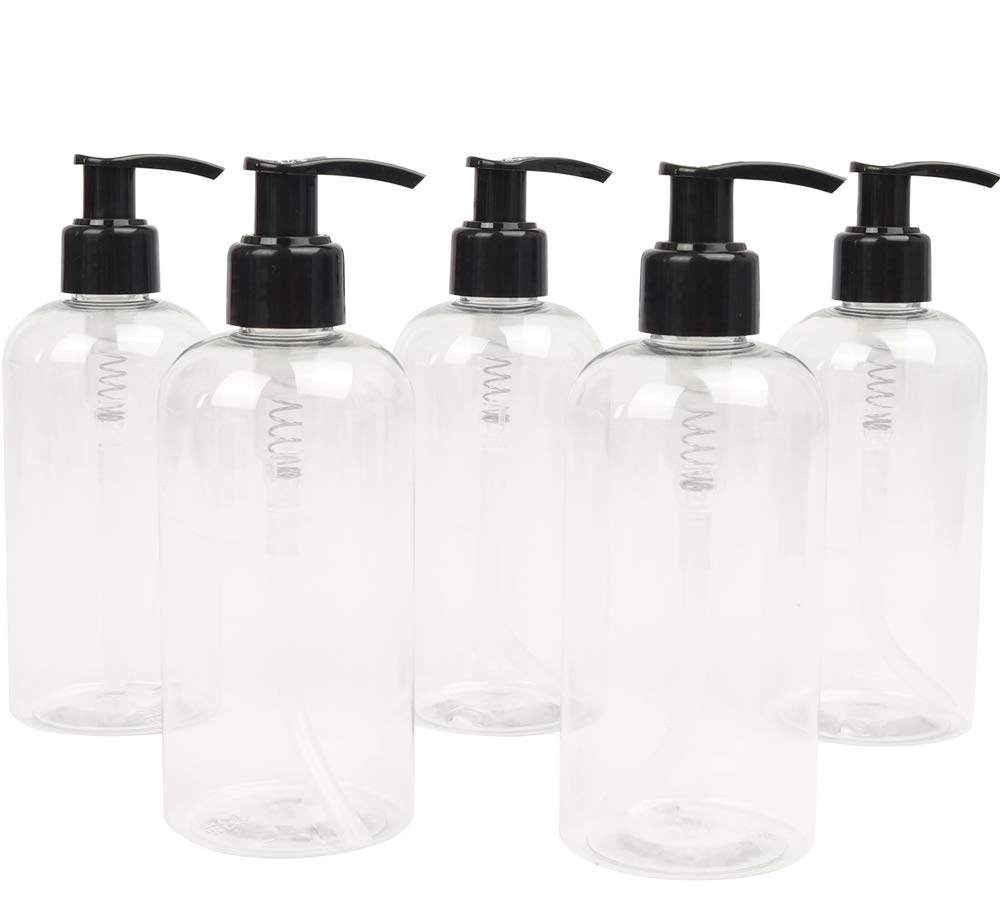 LUCEMILL 5 x 250ML Clear PET Empty Plastic Bottle with Black Lotion Pump Dispenser - Recyclable