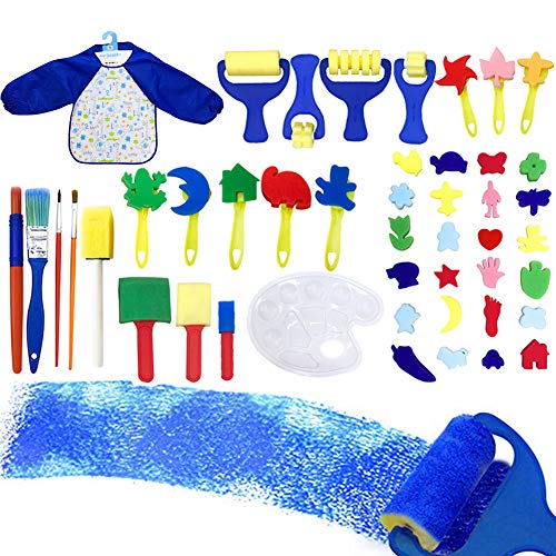Barbella 46 Pieces Sponge Paint Craft Brushes for Toddlers Assorted Pattern, Including Children Waterproof Art Painting Smock Apron (46pcs)