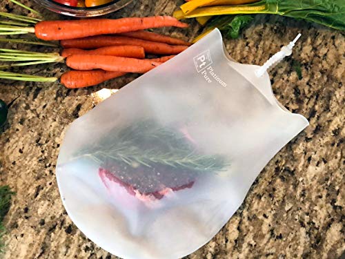 Reusable Sous Vide Bags - Set of 2 Bags - 100% Pure LFGB PLATINUM SILICONE with NO FILLERS - by Platinum Pure - Works with all Immersion Circulators including Instant Pot, Joule, Anova, ChefSteps, Kitchen Gizmo, Gramercy Kitchen, Gourmia, and more