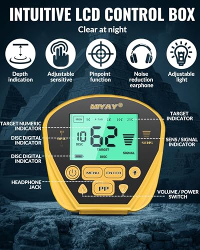 Professional Metal Detectors, Portable Metal Detector for Adults, 10" Waterproof Search Coil, LCD Display, 5 Modes (Yellow)